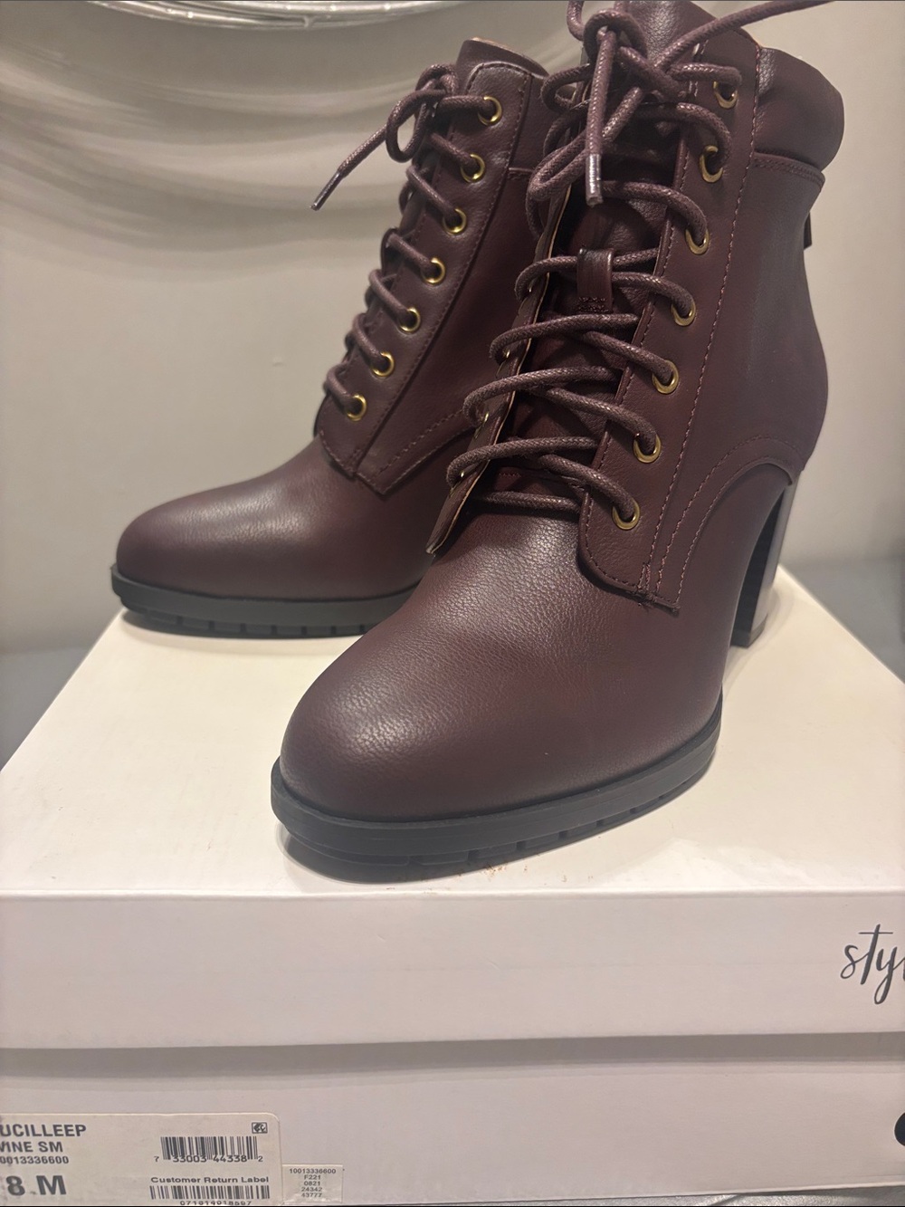 Style & Co. Lace-Up Heeled Ankle Boots in Burgundy